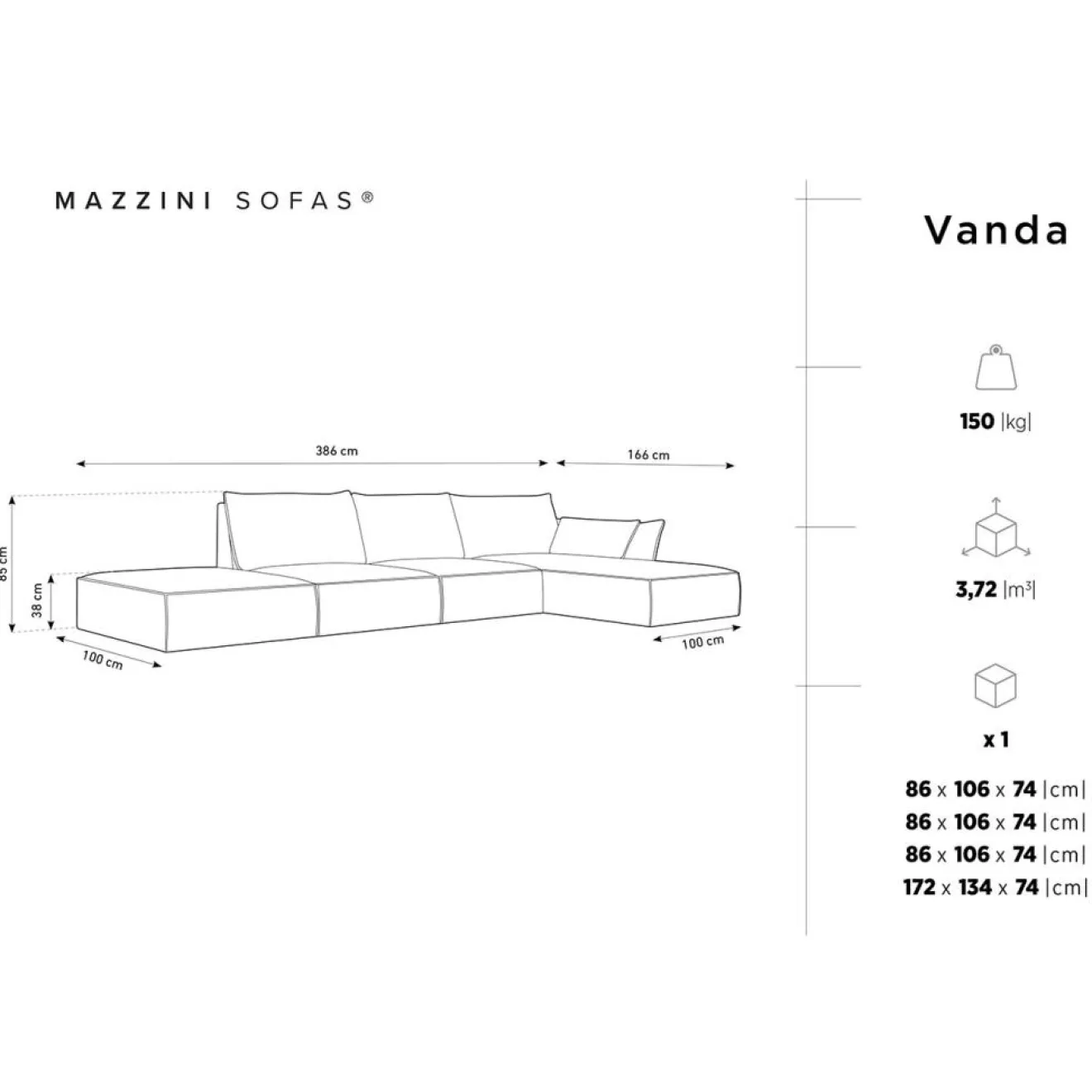Sale Mazzini Sofas Canapé D'Angle Droit Vanda 5 Places 1 vert bouteille - 386x166x85 cm