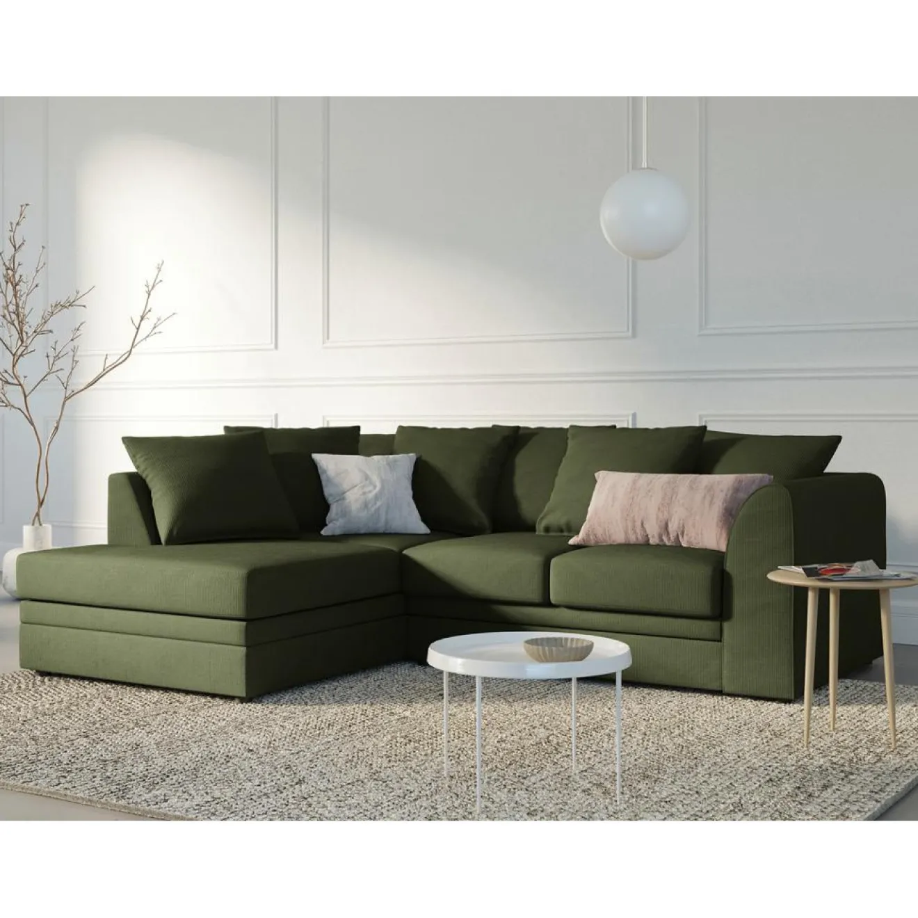 Clearance Mazzini Sofas Canapé d'angle Gauche Quince Velours côtelé 4 Places vert - 221x171x80 cm