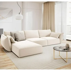 Mazzini Sofas Canapé d'angle gauche Velours Vanda 4 Places beige clair - 300x166x85 cm