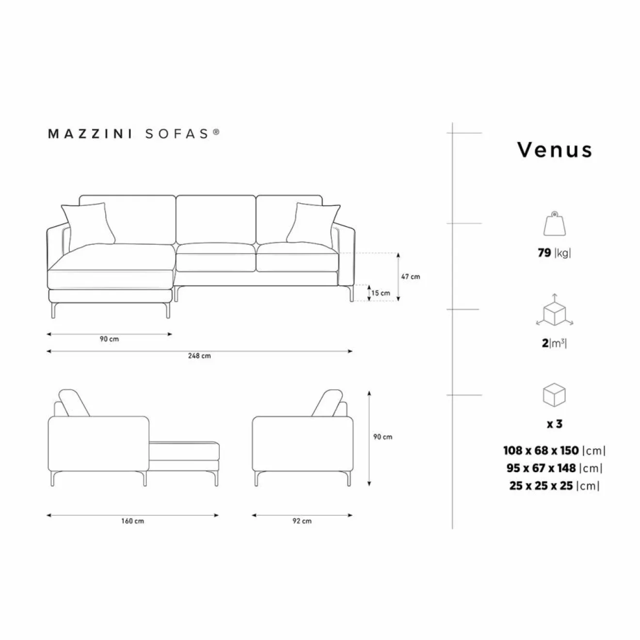 Clearance Mazzini Sofas Canapé d'angle Gauche Venus 4 Places gris foncé - 248x160x90 cm