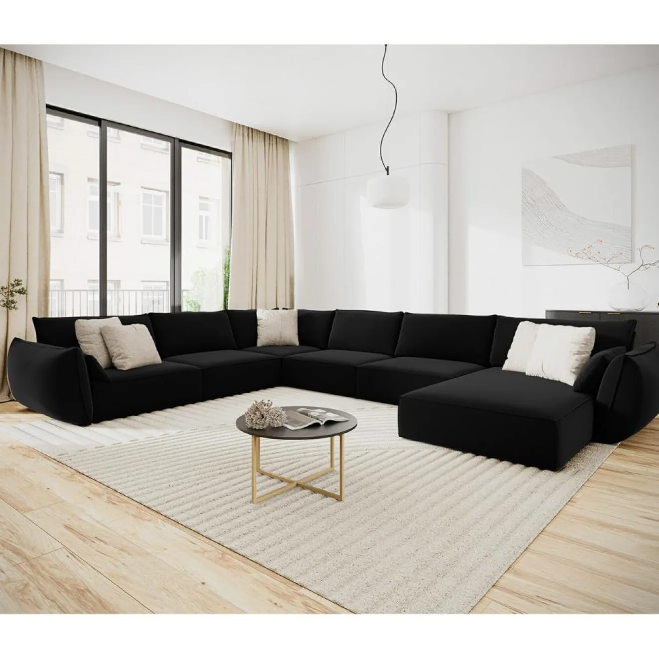 Sale Mazzini Sofas Canapé d'angle Panoramique gauche Velours Vanda 8 Places noir - 384x284x85 cm