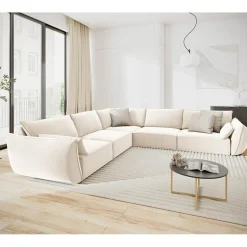 Mazzini Sofas Canapé d'angle Symétrique en Velours Vanda 7 Places beige clair - 286x286x85 cm