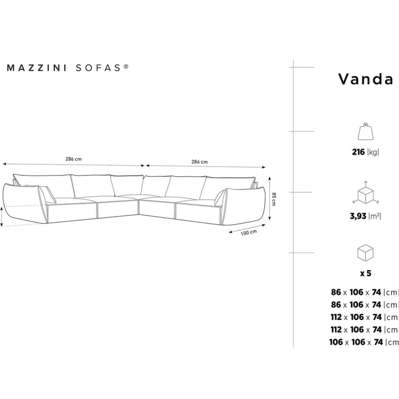Discount Mazzini Sofas Canapé d'angle Symétrique en Velours Vanda 7 Places noir - 286x286x85 cm
