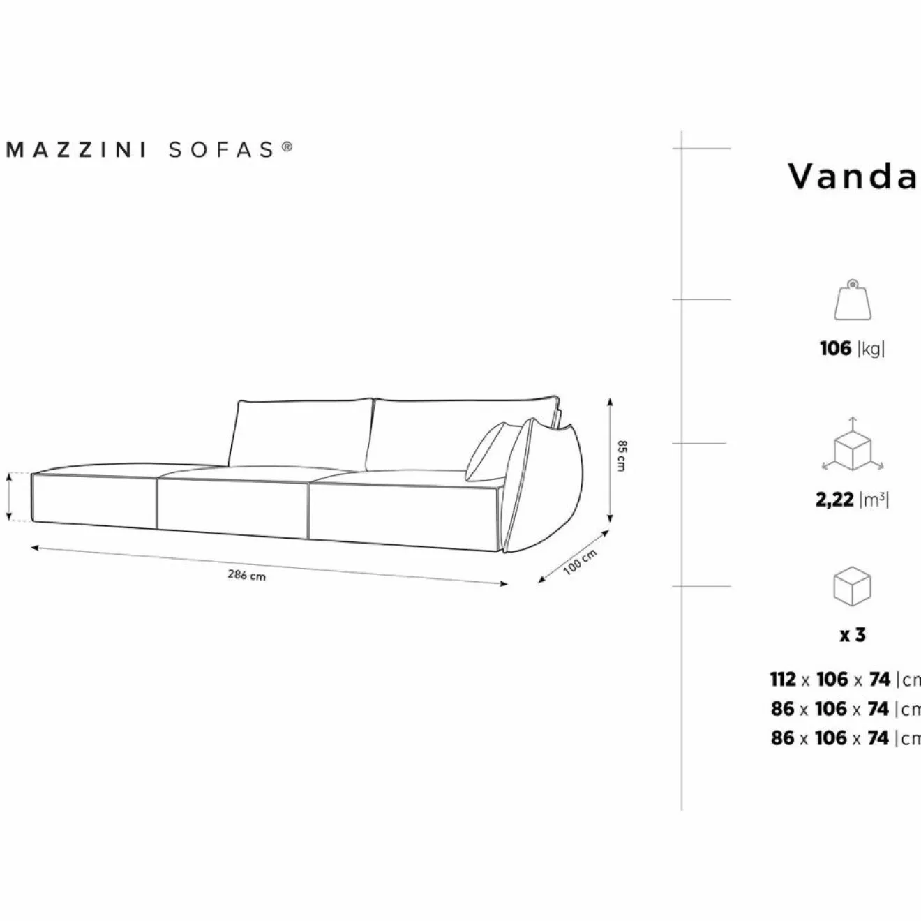 Hot Mazzini Sofas Canapé droit Vanda 4 Places gris - 286x100x85 cm