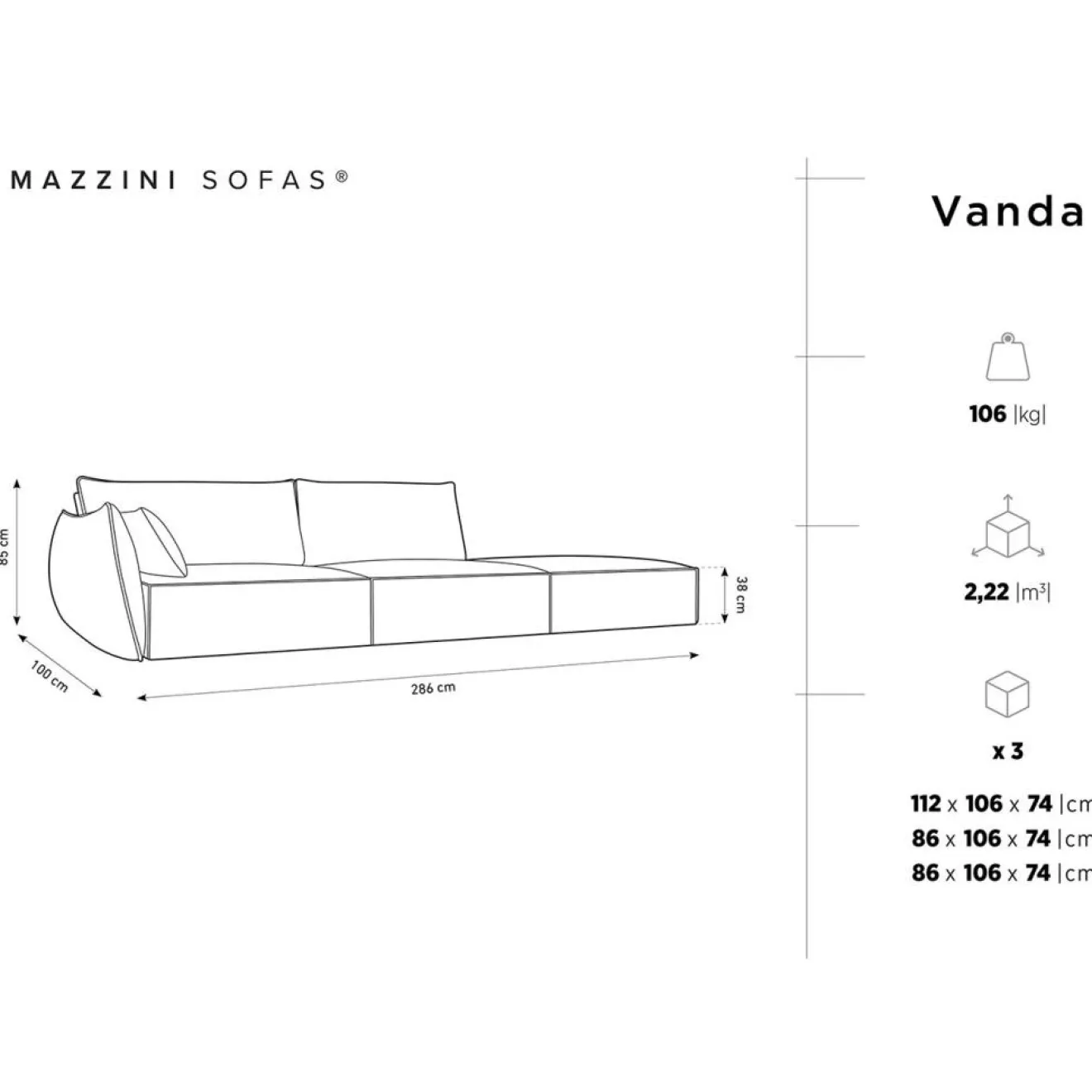 Hot Mazzini Sofas Canapé gauche Velours Vanda 4 Places noir - 286x100x85 cm
