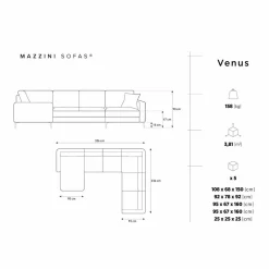 Mazzini Sofas Canapé Panoramique droit Velours Venus 6 Places gris - 326x236x90 cm