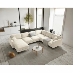 Mazzini Sofas Canapé Panoramique droit Velours Venus 6 Places beige clair - 326x236x90 cm
