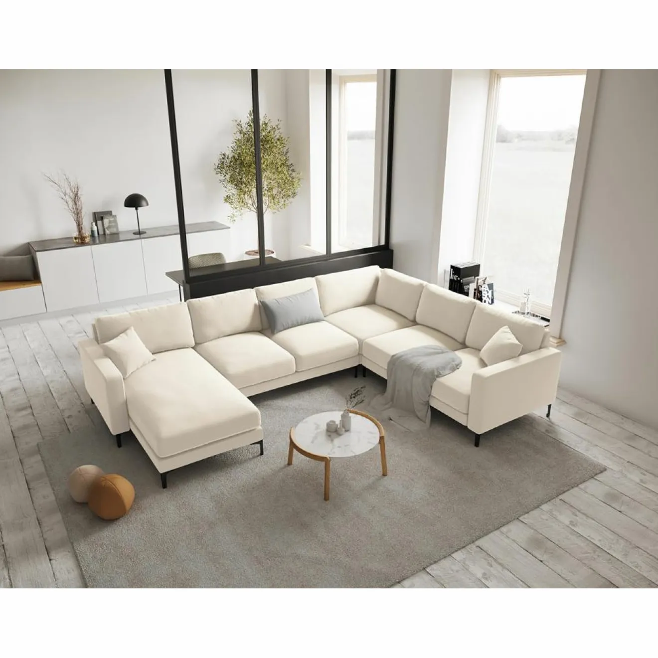 Mazzini Sofas Canapé Panoramique droit Velours Venus 6 Places beige clair - 326x236x90 cm