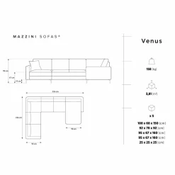 Mazzini Sofas Canapé Panoramique gauche Velours Venus 6 Places gris - 326x236x90 cm