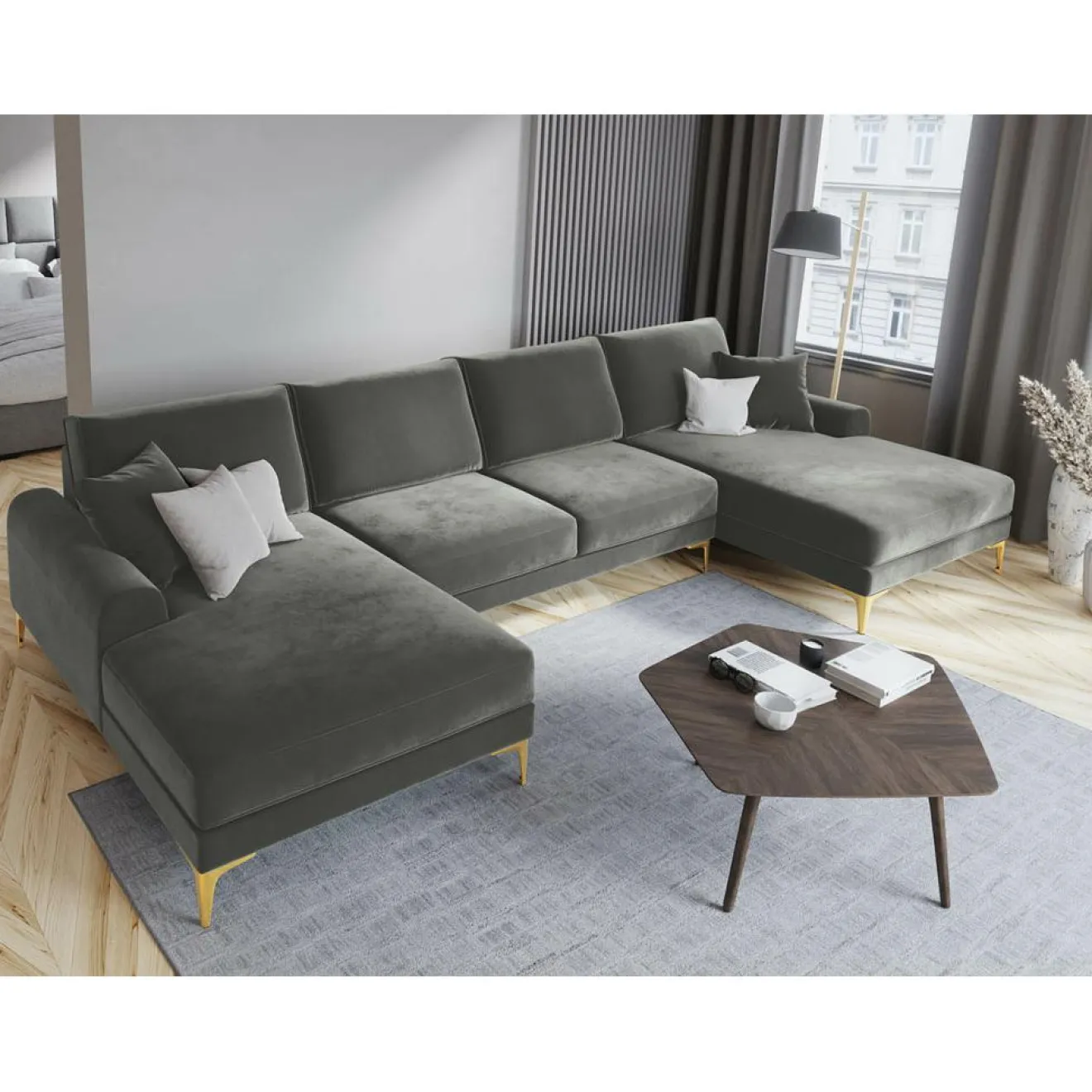 Best Mazzini Sofas Canapé Panoramique Velvet 6 places Madara gris - 334x182x90 cm