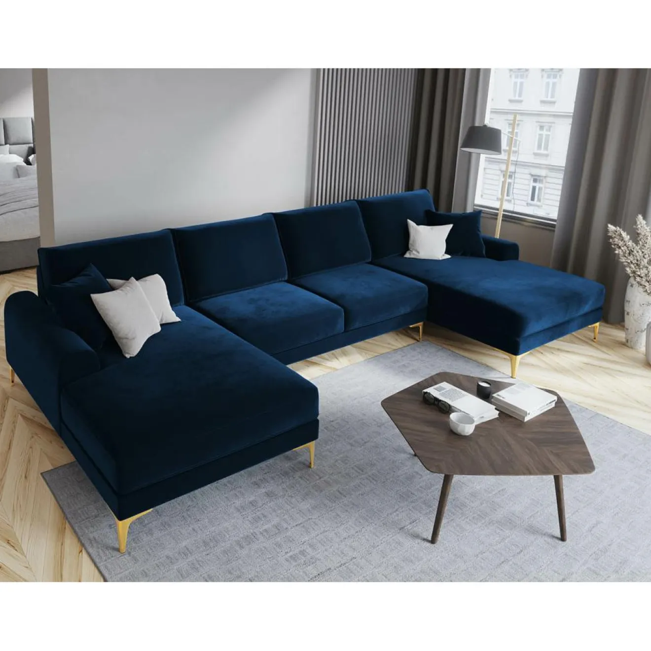 Mazzini Sofas Canapé Panoramique Velvet 6 places Madara bleu roi - 334x182x90 cm