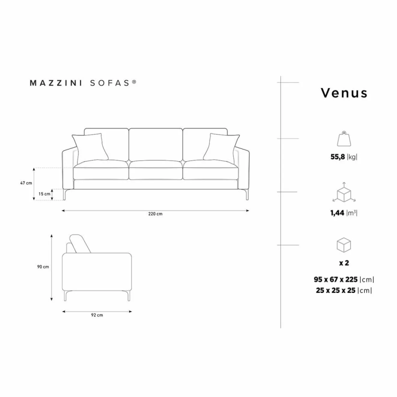 Online Mazzini Sofas Canapé Venus 3 Places beige - 220x92x90 cm