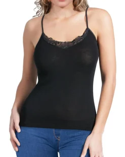 Outlet Mare Caraco fines bretelles motif macramé Laine & Soie tissée noir