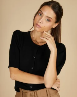 Femme Cashmere Tribu Cardigan 100% Cachemire Claire manches ballon noir