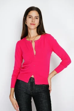 Femme Assuili Cardigan en Cachemire mélangé ras de cou fushia