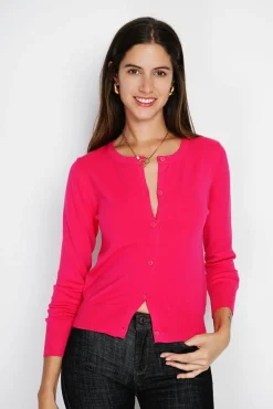 Femme Assuili Cardigan en Cachemire mélangé ras de cou fushia