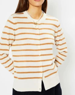 Best Galeries Lafayette Cardigan en Laine & Cachemire Sacao rayé col rond beige/écru