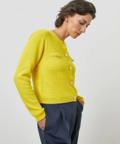 Femme Rodier Cardigan Raven 100% Cachemire boutons et poches jaune
