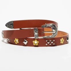 Femme Wild Ceinture fine en Cuir à clous marron