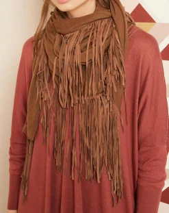 Femme Hotel Particulier Écharpe avec franges en Cuir camel - 220x92 cm