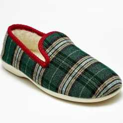 Discount Apologie Studio Chaussons charentais fourrés Laine tartan vert bord rouges