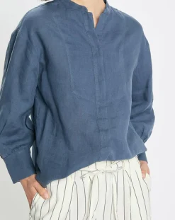 Femme Marc O'Polo Chemise 100% Lin sans manches Col bleu moyen