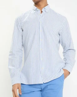 Homme Hackett London Chemise en Coton & Lin Slim Fit à rayures bleu/blanc