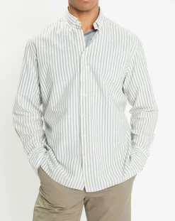 Homme Hackett London Chemise en Coton & Lin Slim Fit à rayures kaki/blanc