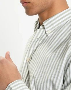 Homme Hackett London Chemise en Coton & Lin Slim Fit à rayures kaki/blanc