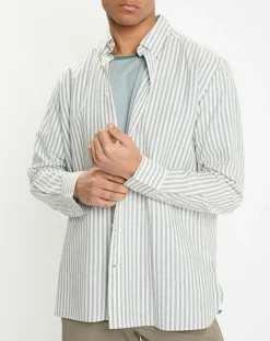 Homme Hackett London Chemise en Coton & Lin Slim Fit à rayures kaki/blanc