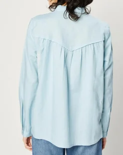 Femme Esprit Chemise en Lin & Coton à Col Volant bleu clair