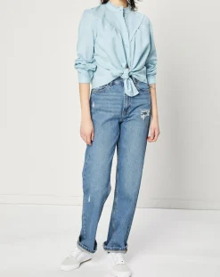 Femme Esprit Chemise en Lin & Coton à Col Volant bleu clair