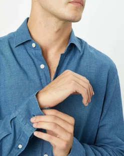 Homme Hackett London Chemise en Lin & Coton Slim Fit Text micro imprimé bleu moyen