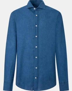Homme Hackett London Chemise en Lin & Coton Slim Fit Text micro imprimé bleu moyen