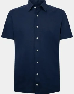 Clearance Hackett London Chemise en Lin & Coton Slim Fit manches courtes Tricot bleue