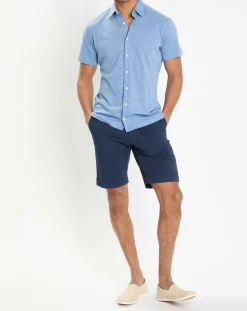 Hackett London Chemise en Lin & Coton Slim Fit manches courtes Tricot bleu moyen