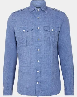 Sale Hackett London Chemise en Lin double poche bleu moyen