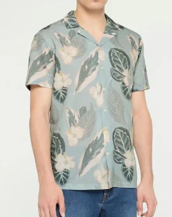 Homme Hackett London Chemise en Lin mélangé Bowling à imprimé tropical vert clair