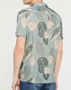 Homme Hackett London Chemise en Lin mélangé Bowling à imprimé tropical vert clair