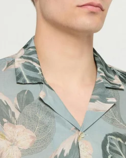 Homme Hackett London Chemise en Lin mélangé Bowling à imprimé tropical vert clair