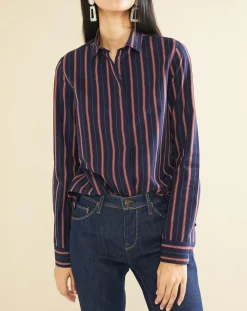 Clearance Acquaverde Chemise en Popeline Japonaise Kim rayée marine/rouge