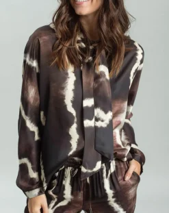 Clearance Lauren Vidal Chemise satinée Plume imprimée café