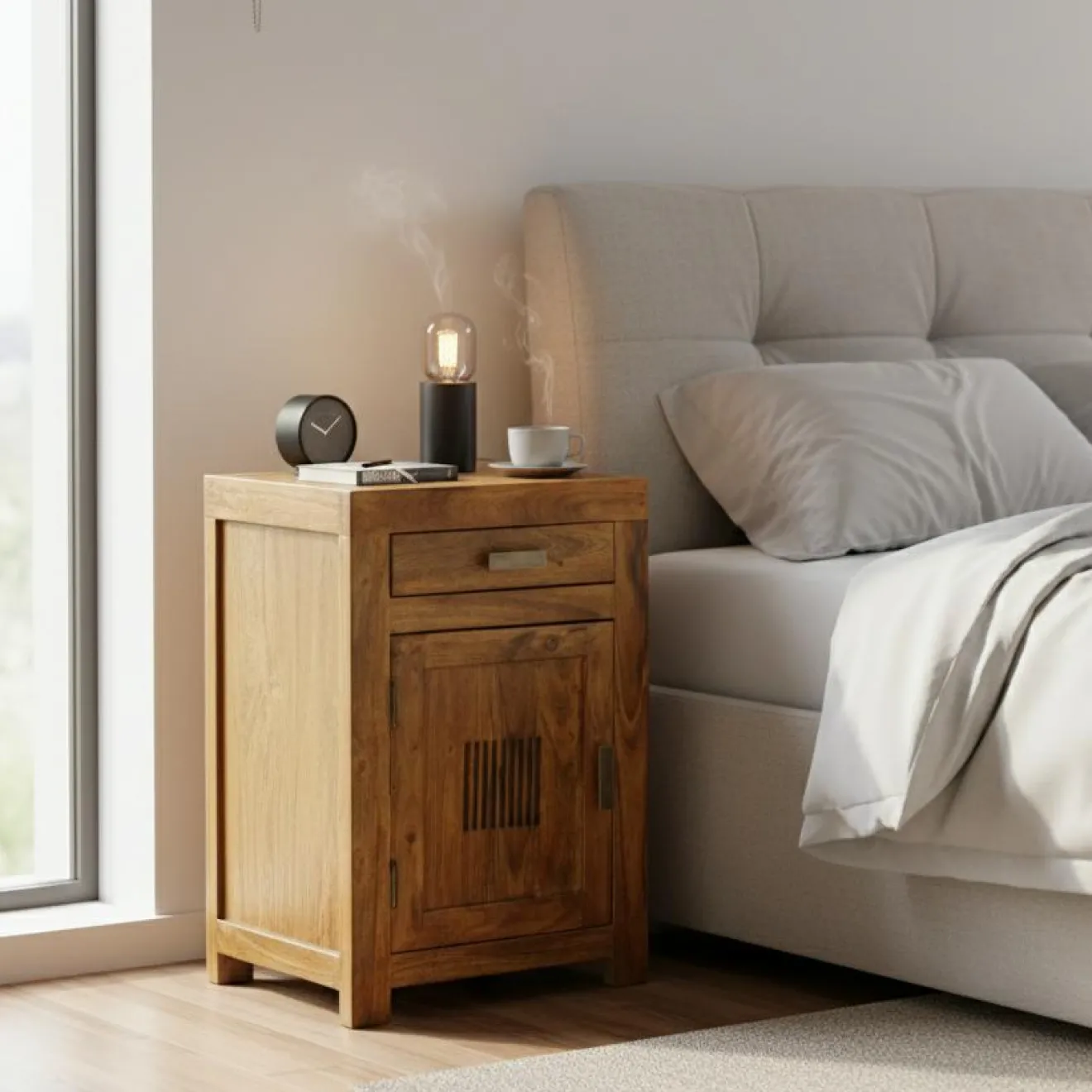 Bois & Chiffons Chevet strié bois - Charnière gauche Marron - 40x30x60 cm