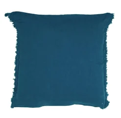 Bed and Philosophy Coussin en lin frangé bleu 80x80cm