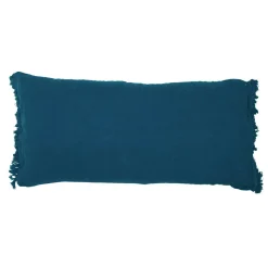 Bed and Philosophy Coussin en lin frangé bleu 55x110cm