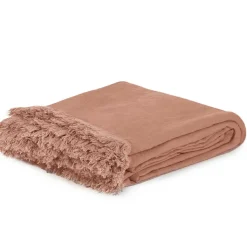 Bed and Philosophy Couvre-lit en lin finitions frangées rose 250x250cm