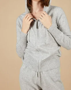 Femme Cashmere Tribu Gilet à capuche 100% Cachemire Blanche gris chiné clair/jaune fluo