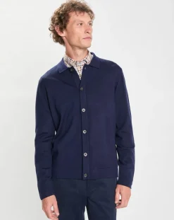 Homme Hackett London Gilet 100% Laine Mérinos façon veste bleu marine