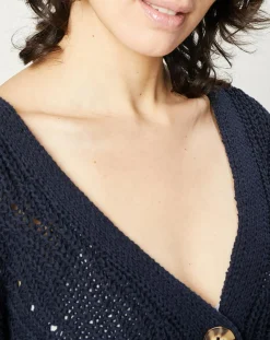 Femme Esprit Gilet en Maille mélangée à boutons contrastants bleu marine