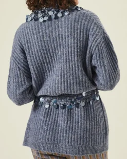 Femme Manoush Gilet en Mohair & Laine mélangés Ceinture Pampille bleu
